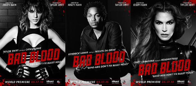 [L-R] Taylor Swift, Kendrick Lamar and Cindy Crawford in 'Bad Blood'