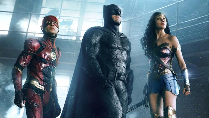 Ezra Miller, Ben Affleck and Gal Gadot as Flash, Batman and Wonder Woman in 'Justice League'