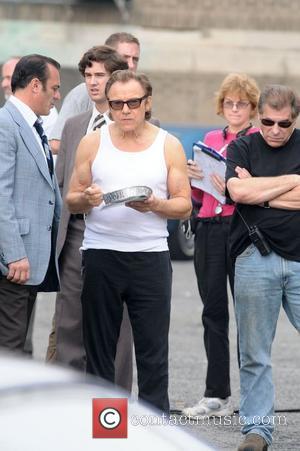 Harvey Keitel eats some lunch on the set of 'Life On Mars' filming at Coler-Goldwater Hospital on Roosevelt Island New...