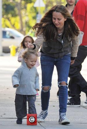 Tobey Maguire and his wife Jennifer Meyer and their children Ruby Sweetheart and Otis Tobias, head out for a family...