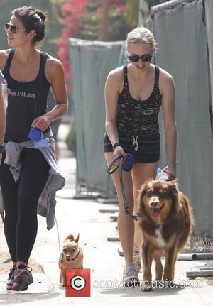 Amanda Seyfried out jogging with her Aussie Shepherd dog, Finn in West Hollywood Los Angeles, California - 19.10.11