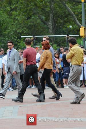 Scarlett Johansson, Jeremy Renner, Chris Evans, Mark Ruffalo, Robert Downey Jr  on the film set of 'The Avengers', shooting...