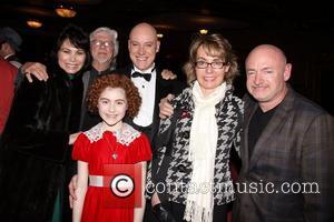 Shelly Burch, Martin Charnin, Anthony Warlow and Lilla Crawford (in costume), Gabrielle Giffords and Mark E. Kelly Photo op with...