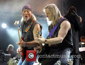 Deep Purple's Roger Glover(left) and Steve Morse(right) performing on stage at the O2 Arena as part of Deep Purple with...