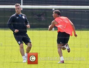 Robbie Williams and Marvin Humes  Celebrities training for the Soccer Aid match which will be held in Manchester's Old...