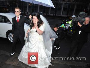 Tom Fletcher, Harry Judd and bride Claire Gilchrist - The BT Red Nose Challenge: Miranda's Mad March - Finish -...