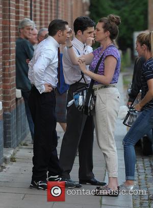 Tom Hardy - Tom Hardy shoots scenes for his latest film, 'Legend,' in Hackney. Tom joked around inbetween takes with...