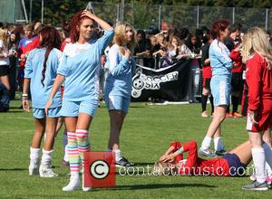 Amy Childs and Rachel Riley - Countdown's Rachel Riley takes a tumble during the Soccer SixFest 2014 event at Mile...