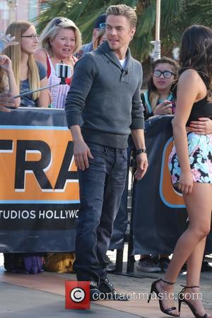 Derek Hough - Derek Hough and Bethany Mota appear on Extra at Universal Studios - Los Angeles, California, United States...