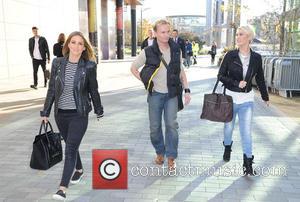 Rachel Stevens, Jon Lee and Jo O'Meara - Members of S Club 7 leave the BBC Breakfast studio at MediaCityUK...