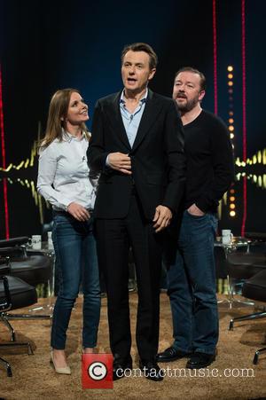 Geri Halliwell, Fredrik Skavlan and Ricky Gervais - 'Skavlan' television show production images from the London Studios. - London, United...