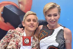 Ellen DeGeneres who voices Dory at the European premiere of 'Finding Dory' seen posing with her wife Portia De Rossi...