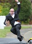 Harry Hill and Julie Walters Race Scooters For 'The Harry Hill Movie' [Pictures]